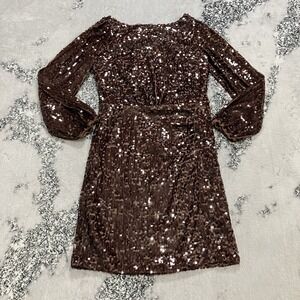 Loft Brown Sequin Long Sleeve Party Cocktail Dress Womens Size 0 Mini